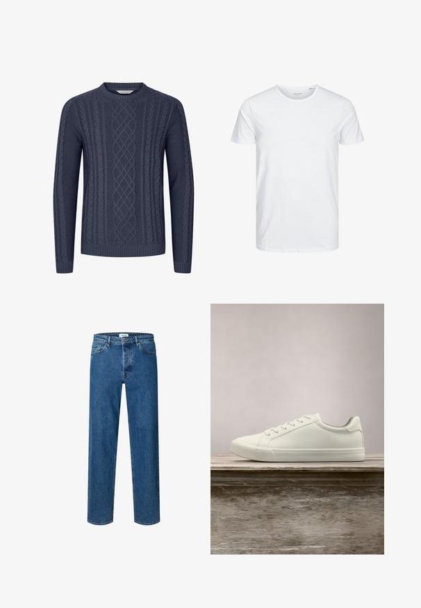 Navyblauwe gebreide trui met getextureerde kabelpatronen, ronde halslijn en geribbelde manchetten en onderkant. Gemaakt van zacht, duurzaam materiaal.; Ronde hals kortemouwen t-shirt in effen wit, gemaakt van zachte katoen, heeft een eenvoudig ontwerp zonder zichtbare patronen of accenten.; Blauwe straight-leg denim jeans met knoop- en ritssluiting, ceintuurlussen en een vijfzakkenontwerp.; Witte vetersneaker die boven een houten bank zweeft met groene bladeren op de achtergrond, waarbij het ontwerp en de textuur van de schoen worden getoond.