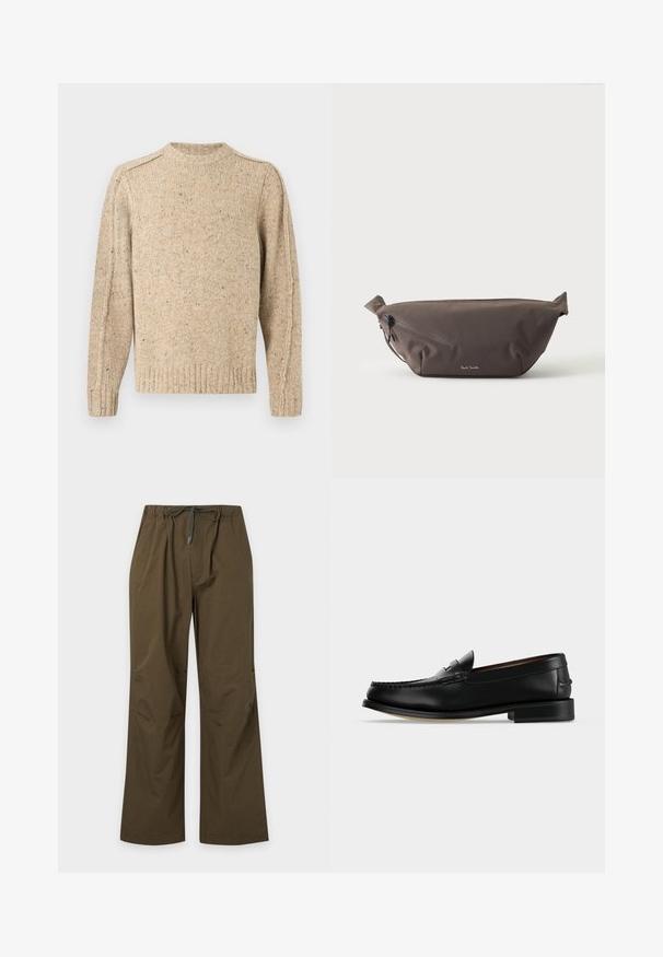 Pull beige en maille avec de fines mouchetures multicolores, manches longues, poignets et ourlet côtelés, et col rond.; Pantalon décontracté vert olive avec taille élastique et cordon de serrage à l'avant, coupe droite et coupe décontractée.; Mocassin homme en cuir noir avec un petit talon et une couture de style mocassin sur l'avant, vu de côté sur un fond uni.; Sac banane en tissu marron foncé avec poche zippée en diagonale et petit logo blanc sur le devant, sur un fond clair uni.
