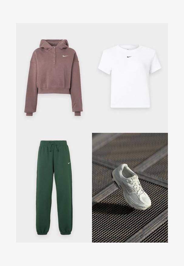 Hanorac crop mov cu mâneci lungi, fante cu nasturi, manșete și tiv striate, și logo-ul alb Nike Swoosh pe piept.; Tricou scurt alb cu mâneci scurte de la Nike, cu un mic logo negru Nike Swoosh centrat sub decolteu.; Pantaloni de trening verde închis, realizați dintr-un material moale, cu talie elastică și șnur reglabil, și manșete strâmte. Logo mic alb pe partea din față.; Pantof marine Nike alb, cu superior din plasă și material sintetic, așezat pe un podea din grătar metalic, iluminat natural difuz.