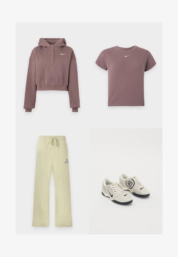 Hanorac crop mov cu mâneci lungi, fante cu nasturi, manșete și tiv striate, și logo-ul alb Nike Swoosh pe piept.; Top scurt cu mânecă scurtă de culoare mauve, cu guler rotund și un mic logo Nike alb centrat sub guler.; Pantaloni sport bej Nike cu talie elastică, șnur de ajustare, croială lejeră și text „nike athletics” cu sigla swoosh pe coapsa stângă.; Tenisi Nike cu o partea superioară texturată bej și gri, accente negre, un logo mare „90” și o închidere cu șireturi albe. Talpă neagră.