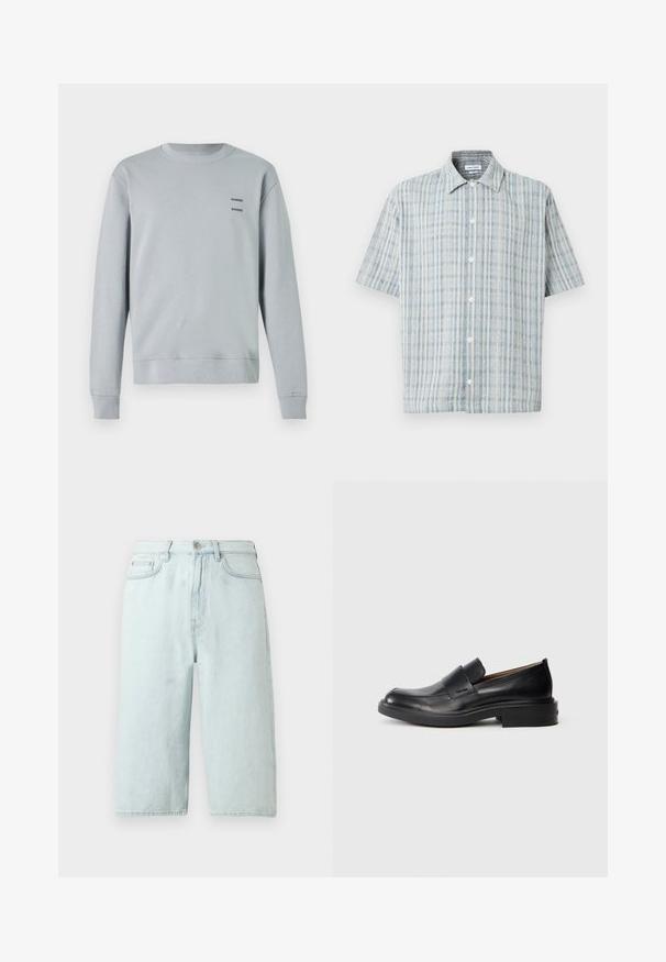 Helles grau Sweatshirt aus weichem Material, mit runder Ausschnitt, gerippten Bündchen und Saum, sowie zwei schwarzen "SAMSØE" Logos auf der Brust.; Kurzärmliges Hemd mit Knöpfen, blau-weiß kariertes Muster, Umschlagkragen und weißen Knöpfen vorne.; Hellblaue Jeansshorts mit geradem Bein, mittlerer Bundhöhe, vorderen Taschen und einer einzelnen Gesäßtasche, veredelt mit dezenter Naht.; Schwarze Leder-Pantoletten mit niedrigem Absatz und dezentem Calvin Klein-Logo an der Seite, im Profil vor einem weißen Hintergrund dargestellt.
