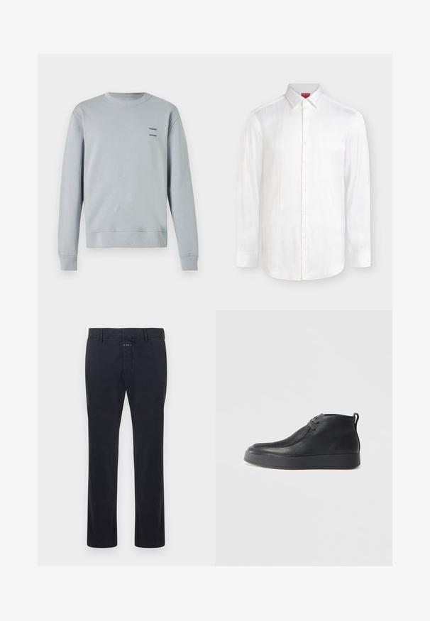 Helles grau Sweatshirt aus weichem Material, mit runder Ausschnitt, gerippten Bündchen und Saum, sowie zwei schwarzen "SAMSØE" Logos auf der Brust.; Weißes langärmeliges Hemd mit Knopfleiste und spitzem Kragen mit dezenten vertikalen Streifen, auf neutralem Hintergrund präsentiert.; Schwarze Herren-Hosen mit geradem Bein, Gürtelschlaufen und vorderer Knopfverschluss vor hellem Hintergrund.; Schwarze Leder-Ankle-Boots mit strukturiertes Obermaterial, Schnürung vorne, Zugschlaufe an der Ferse und dicke Gummisohle vor einem hellen Hintergrund.
