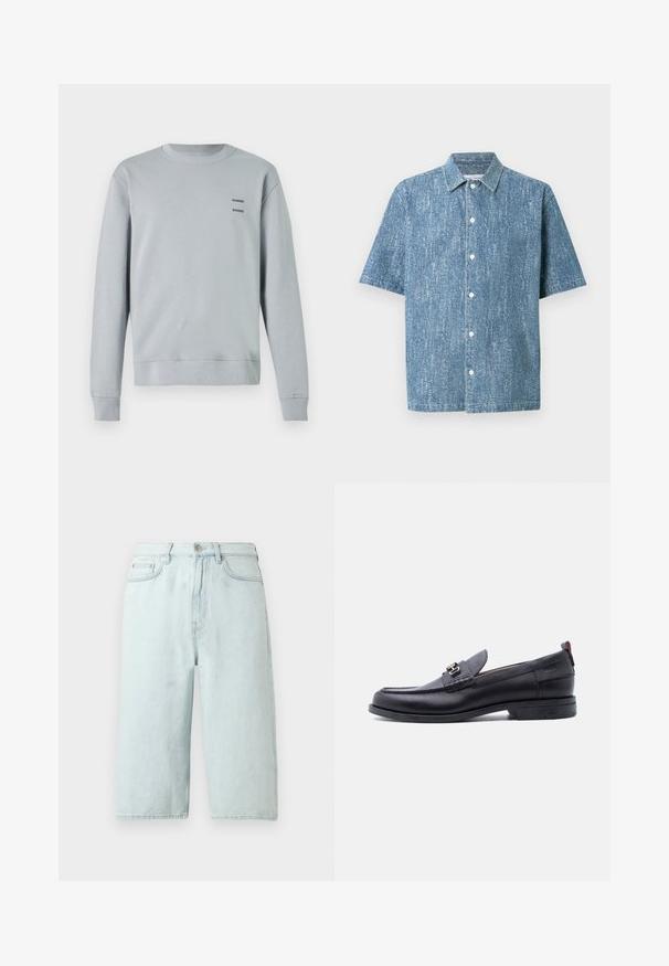 Helles grau Sweatshirt aus weichem Material, mit runder Ausschnitt, gerippten Bündchen und Saum, sowie zwei schwarzen "SAMSØE" Logos auf der Brust.; Kurzärmeliges Hemd mit Knopfleiste aus blauem Denimstoff mit texturierter Oberfläche, ausgestattet mit einem klassischen Kragen und weißen Knöpfen.; Hellblaue Jeansshorts mit geradem Bein, mittlerer Bundhöhe, vorderen Taschen und einer einzelnen Gesäßtasche, veredelt mit dezenter Naht.; Schwarzer Lederloafer mit grauem, strukturiertem Vorderblatt, silberner Metallschnalle, niedrigem Absatz und Zuglasche hinten.