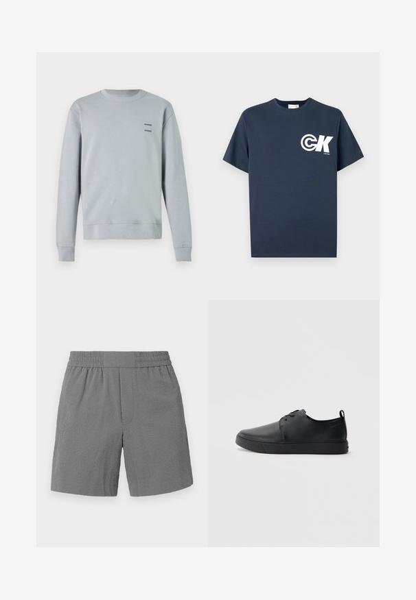 Helles grau Sweatshirt aus weichem Material, mit runder Ausschnitt, gerippten Bündchen und Saum, sowie zwei schwarzen "SAMSØE" Logos auf der Brust.; Marineblaues T-Shirt mit kurzen Ärmeln, Rundhalsausschnitt, weißem CK-Logo und "Calvin Klein"-Schriftzug auf der linken Brust.; Graue Shorts mit elastischem Bund, strukturiertem Stoff und geradem Schnitt. Verfügt über zwei Seitentaschen und ein dezentes, gemustertes Design.; Schwarze Leder-Sneaker mit glatter Oberfläche, abgerundeter Zehenpartie, gleichfarbiger Nähte, schnürbarem Vorderteil und flacher Gummisohle. Schlaufe an der Ferse.