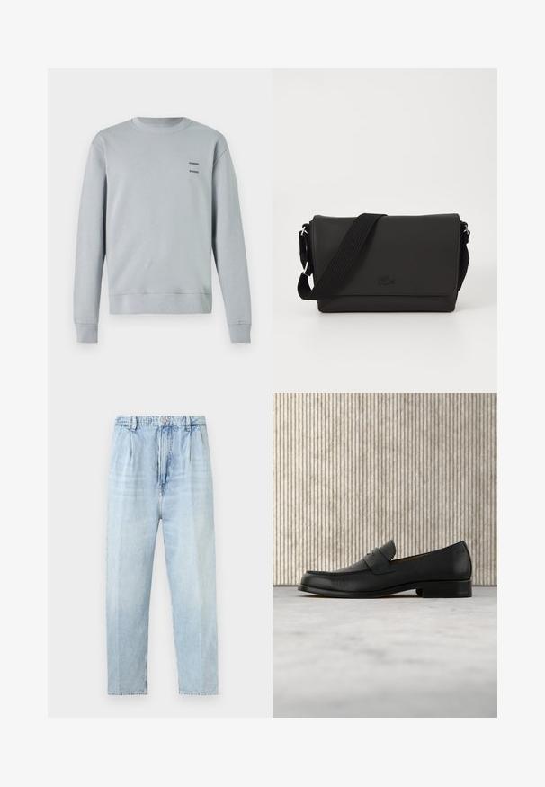 Helles grau Sweatshirt aus weichem Material, mit runder Ausschnitt, gerippten Bündchen und Saum, sowie zwei schwarzen "SAMSØE" Logos auf der Brust.; Hellblaue High-Waist-Jeans mit geradem Bein, vorderen Falten, Gürtelschlaufen, Knopfverschluss und verblassten, vertikalen Falten.; Schwarzer Leder-Slipper schwebt über einem beigen Teppich, im Hintergrund ein glänzender, runder brauner Tisch.; Lacoste MESSENGER BAG MEN CLASSIC - Umhängetasche - noir