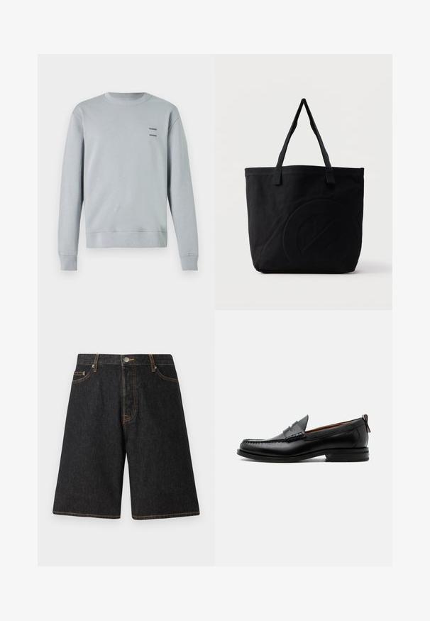 Helles grau Sweatshirt aus weichem Material, mit runder Ausschnitt, gerippten Bündchen und Saum, sowie zwei schwarzen "SAMSØE" Logos auf der Brust.; Schwarze Jeansshorts mit geradem Beinschnitt, orangefarbener Naht, fünf Taschen und einem Metallknopfverschluss am Bund.; Schwarzer Leder-Herrenschuh mit Mokassinnaht, Penny-Riemen, strukturiertem Kragen und niedrigem gestapeltem Absatz auf weißem Hintergrund.; Schwarze Canvas-Shopper-Tasche mit zwei Schulterriemen und einem dezenten, eingeprägten kreisförmigen Design auf der Vorderseite.