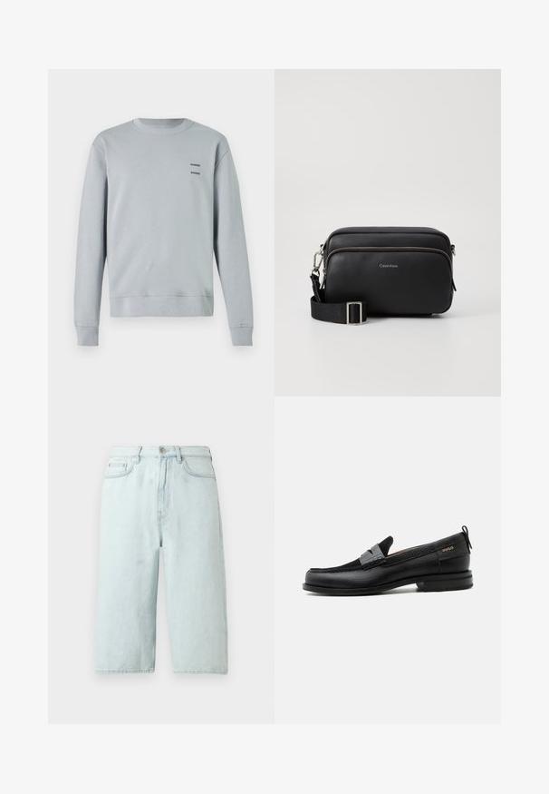 Lichtgrijze sweatshirt gemaakt van zachte stof, met een ronde halslijn, ribgebreide manchetten en zoom, voorzien van twee zwarte "SAMSØE" logo's op de borst.; Lichtblauwe denim shorts met een rechte pijp, een taille die tot halverwege de heupen reikt, steekzakken aan de voorkant en een enkele achterzak, afgewerkt met subtiele stiksels.; Zwarte leren loafer met grijs riemdetailelement, lage hak en gestructureerde zool, aan de zijkant gebrandmerkt met "HUGO" in goud.; Zwarte leren schoudertas met twee ritscompartimenten, gestructureerd afwerking, verstelbare schouderband en zilveren hardware-accenten. Calvin Klein-logo zichtbaar.