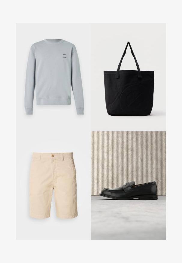Lichtgrijze sweatshirt gemaakt van zachte stof, met een ronde halslijn, ribgebreide manchetten en zoom, voorzien van twee zwarte "SAMSØE" logo's op de borst.; Beige katoenen shorts met een sluiting aan de voorkant, zijzakken en een rechte snit. Gladde textuur met schone stikdetails.; Zwarte leren loafer met een metalen merktekenplaatje, rustend bij een bruine ronde tafel op een beige tapijtvloer.; Zwarte canvas tas met twee schouderbanden en een subtiel, ingebosseleerd cirkelvormig ontwerp aan de voorkant.
