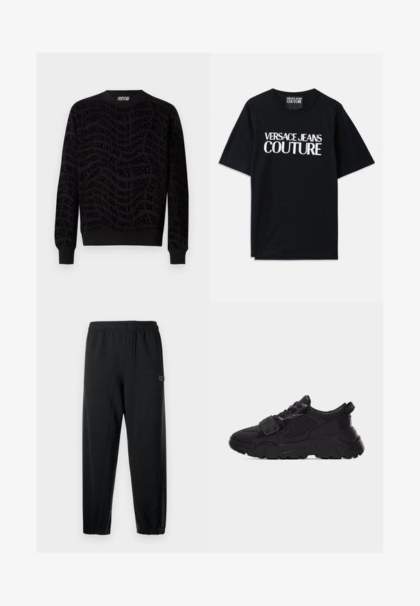 Sort sweatshirt med et tekstureret mønster, der præsenterer gentagne branding. Lange ærmer, rund halsudskæring og ribbede manchetter og nederkant.; Sort bomulds t-shirt med korte ærmer, der har stor hvid tekst "VERSACE JEANS COUTURE" på forsiden. Klassisk crew neck design.; Sorte sweatpants med elastisk talje, skrå ben og et lille mærketegn. Fremstillet af glat, let stof.; Sort chunky sneaker med mesh- og læderpaneler, tyk tekstureret sål, snørelukning foran og en strop med metalnitter over snørebåndene.