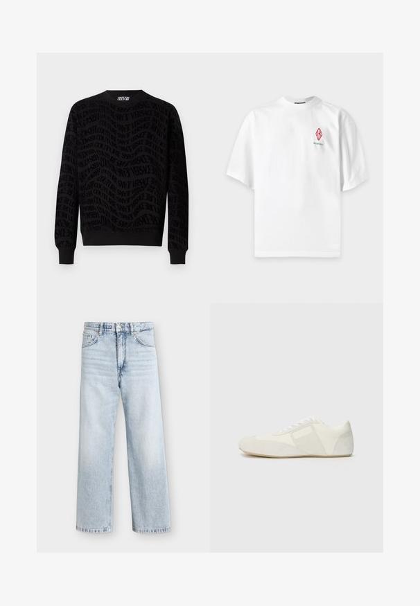 Schwarzes Sweatshirt mit einem strukturierten Muster, das wiederholte Branding-Elemente aufweist. Lange Ärmel, runder Halsausschnitt sowie gerippte Bündchen und Saum.; Weißes T-Shirt mit kurzen Ärmeln, rotem geometrischem Logo und kleinem Text auf der linken Brust, vor neutralem Hintergrund dargestellt.; Hellblaue High-Waist-Jeans mit weitem Bein, vorne mit Knopf und Reißverschluss, zwei Vordertaschen und Gürtelschlaufen.; Weißer Sportschuh mit einem eleganten Design, ausgestattet mit einer Wildleder-Zehenkappe, Lederpaneelen und kontrastierenden strukturierten Akzenten. Flache Gummisohle.