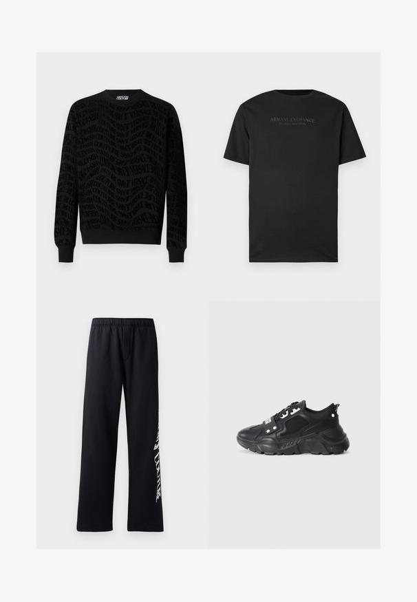 Schwarzes Sweatshirt mit einem strukturierten Muster, das wiederholte Branding-Elemente aufweist. Lange Ärmel, runder Halsausschnitt sowie gerippte Bündchen und Saum.; Schwarzes Kurzarm-T-Shirt mit Crew-Neck und "ARMANI EXCHANGE MILANO / NEW YORK" in kleinen dunkelgrauen Buchstaben auf der Brust bedruckt.; Schwarze Baumwoll-Sweatpants mit elastischem Bund, weitem Bein und einem weißen Grafikdruck am linken Bein. Angenehme Textur und lässiges Design.; Schwarzer Sportschuh mit einem strukturierten Mesh-Panel, dickem Gummi-Sohle, kontrastierenden Akzenten und einer Schnürung. Verfügt über eine Ziehschlaufe an der Rückseite.