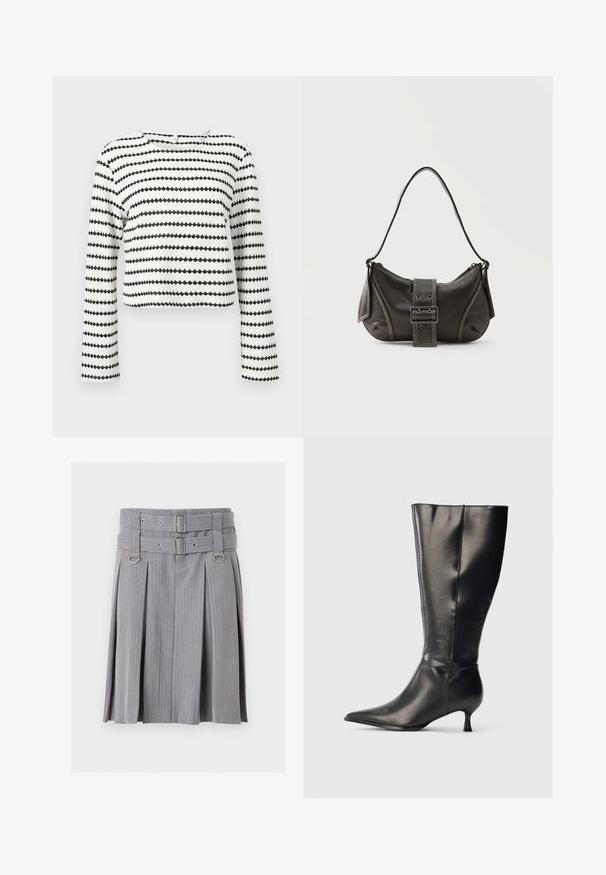 Top court blanc à manches longues avec des rayures zigzag horizontales noires et tissu texturé, avec un col rond.; Jupe plissée grise à fines rayures avec double ceinture et détails de boucles argentées, présentant des accents anneaux en D à la taille.; Botte en cuir noire montant jusqu'au genou, avec un bout pointu et un petit talon bas, présentée sur un fond clair uni.; Sac à épaule en cuir noir avec une sangle à boucle, des bords arrondis et des coutures blanches contrastées sur un fond uni.