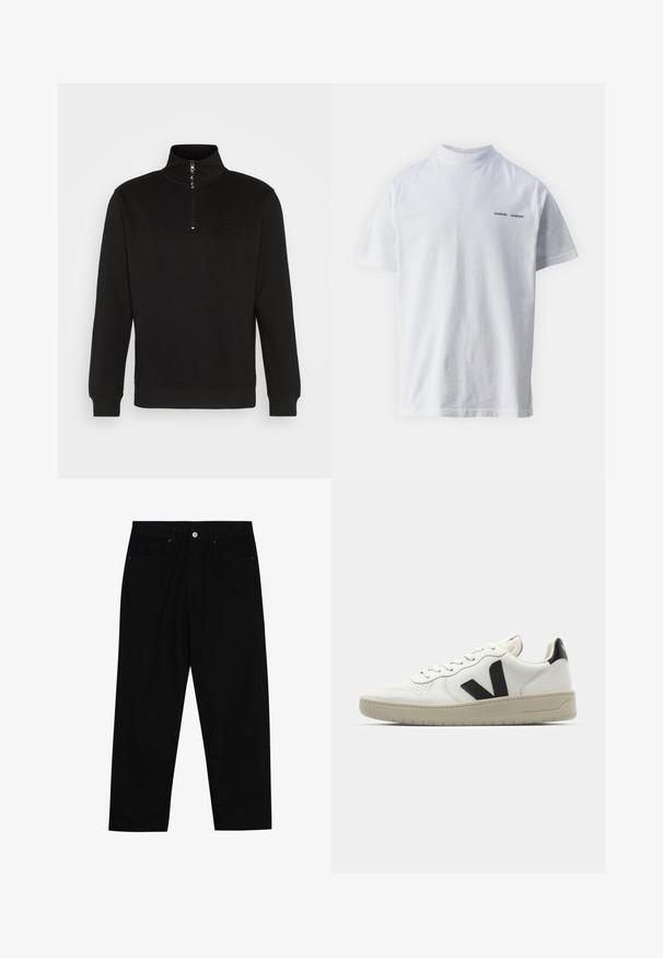Sweatshirt noir à col zippé, avec un col haut, des poignets côtelés et un logo discret, fabriqué à partir d'un tissu doux et texturé.; T-shirt en coton blanc avec un col haut et des manches courtes. Présente le logo "SAMSØE SAMSØE" en noir sur le devant. Texture lisse.; Pantalon en denim noir avec une coupe droite, doté de deux poches avant, d'une fermeture à boutons et de détails de couture subtils.; Baskets en cuir blanc avec logo V noir, nez perforé, semelle en caoutchouc crème, fermeture à lacets plates et design minimaliste.