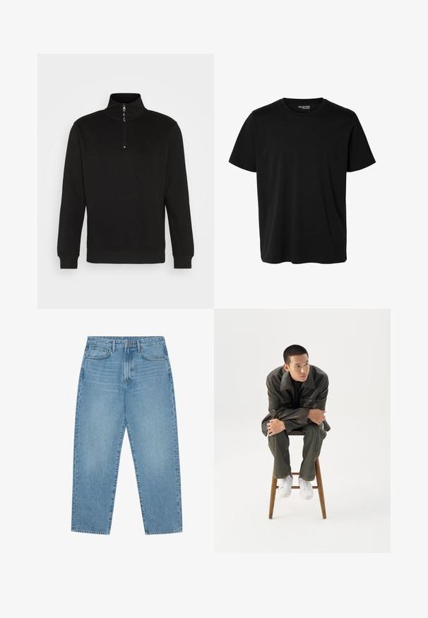 Sweatshirt noir à col zippé, avec un col haut, des poignets côtelés et un logo discret, fabriqué à partir d'un tissu doux et texturé.; T-shirt noir uni à manches courtes et col rond pour homme, sans motifs ni logos visibles à l’avant.; Jean en denim bleu clair avec une coupe droite, design cinq poches et une texture légèrement délavée. Dispose d'une fermeture à bouton et à glissière.; Jeune homme en veste en cuir foncée et jean, assis sur un tabouret en bois, penché en avant, les bras croisés, regardant sur le côté sur fond blanc.