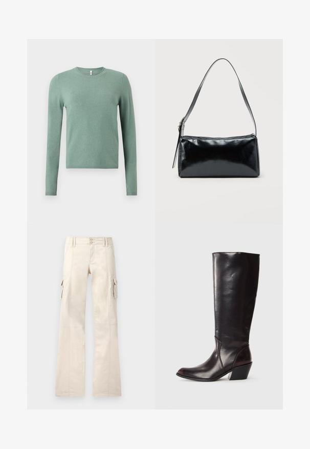 Pull vert à manches longues en tissu tricoté. Présente un col rond, des poignets et un ourlet côtelés. Texture lisse avec une couleur unie.; Pantalon cargo beige à jambes larges, fermeture à boutons sur le devant, passants pour ceinture et poches à rabat des deux côtés.; Botte en cuir brun foncé, à hauteur de genou, avec un bout pointu, un talon bloc angulaire et une texture lisse et brillante. Présente un design épuré et des détails de couture.; Sac d'épaule rectangulaire noir avec une sangle réglable unique et une fermeture éclair supérieure sur un fond uni.