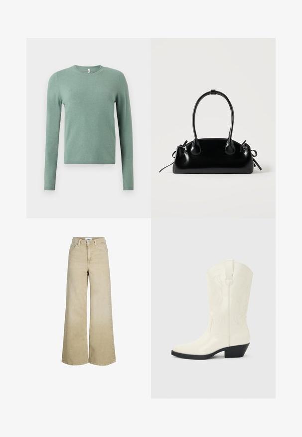 Pull vert à manches longues en tissu tricoté. Présente un col rond, des poignets et un ourlet côtelés. Texture lisse avec une couleur unie.; Jean beige à taille haute et jambes larges, avec bouton et fermeture éclair à l'avant, passants pour ceinture et poches avant.; Botte blanche de style western mi-mollet avec bout pointu, talon empilé noir, coutures décoratives et languette de tirage sur la tige.; Petit sac à main noir brillant avec deux longues anses et des détails à cordon sur les côtés sur un fond clair uni.