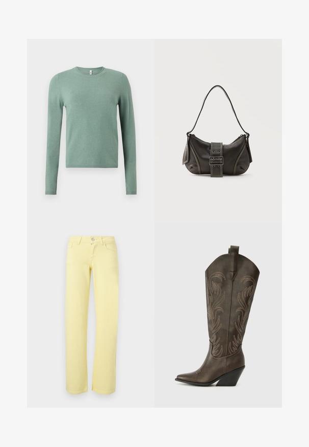 Pull vert à manches longues en tissu tricoté. Présente un col rond, des poignets et un ourlet côtelés. Texture lisse avec une couleur unie.; Pantalon jaune à jambes droites avec bouton devant, fermeture éclair et design à cinq poches sur fond uni.; Botte de cowboy en cuir marron avec un embout pointu, un talon compensé et des broderies décoratives. Dispose d'un long tige et d'une languette de tirage.; Sac à épaule en cuir noir avec une sangle à boucle, des bords arrondis et des coutures blanches contrastées sur un fond uni.