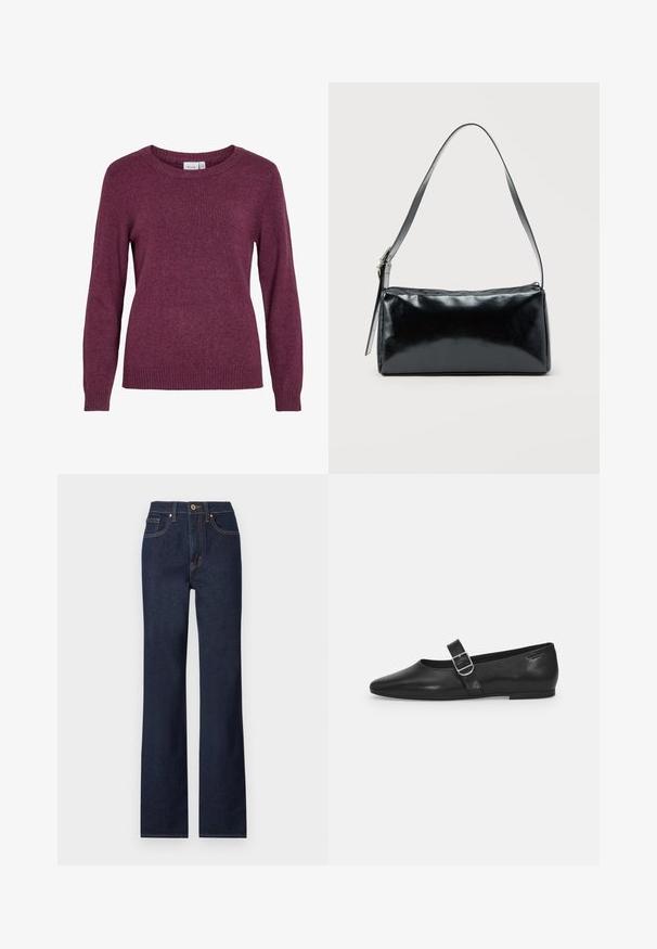 Bordeaux striktrøje med rund halsudskæring, lange ærmer, ribbestrikkede manchetter og nederste kant. Blødt tekstur med et understated, let meleret look.; Mørkeblå denim jeans med lige ben, featuring en frontlukning med knap, fem lommer og kontrasterende syninger.; Sorte læder flade sko med rund tå, et enkelt justerbart spænde og en glat, blank overflade. Minimalistisk design med en lav hæl.; Sort rektangulær skuldertaske med en enkelt justerbar rem og lynlås i toppen på en ensfarvet baggrund.