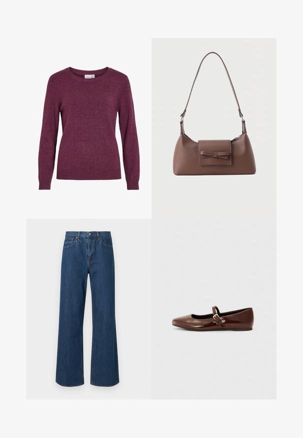 Bordeaux gebreide sweater met een ronde halslijn, lange mouwen, ribgebreide manchetten en zoom. Zachte textuur met een subtiele, licht gemêleerde uitstraling.; Wijdvallende denim jeans in medium blauw, met een hoge taille, voorkeurszakken en subtiele stikdetails. Gladde textuur met ronde zoom.; Bruine gepatineerde leren balletschoen met een vierkante neus en een bandje met een kleine gouden gesp. Gladde textuur, lage hak en minimalistisch ontwerp.; Bruine leren schoudertas met een voorvak met klep en een gestikte strikdetail en een verstelbare band.