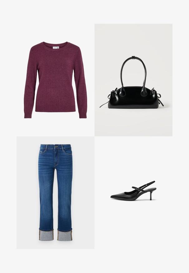 Bordeaux striktrøje med rund halsudskæring, lange ærmer, ribbestrikkede manchetter og nederste kant. Blødt tekstur med et understated, let meleret look.; Blå denimjeans med lige ben, der har opkrøllede manchetter i lys grå. Mellemhøj talje og traditionelt fem-lomme design.; Sorte læder slingback hæle med spids tå, slank justerbar rem og en stiletto hæl på cirka 5 cm, glat tekstur.; Lille sort blank håndtaske med to lange håndtag og snøre-detaljer i siden på en ensfarvet lys baggrund.