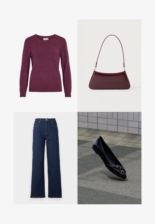 Bordeaux striktrøje med rund halsudskæring, lange ærmer, ribbestrikkede manchetter og nederste kant. Blødt tekstur med et understated, let meleret look.; Mørkeblåt denim brede ben jeans med fremtrædende syninger, høj talje og fem lommer. Har en front lukning med knap og lynlås.; Sort spids balletflat med to små sølvspænder, der svæver over asfalt nær en flisebelagt væg som baggrund.; Mørk burgunderglans håndtaske med et enkelt tyndt håndtag og en elegant, trapezformet form på en ensartet lys baggrund.