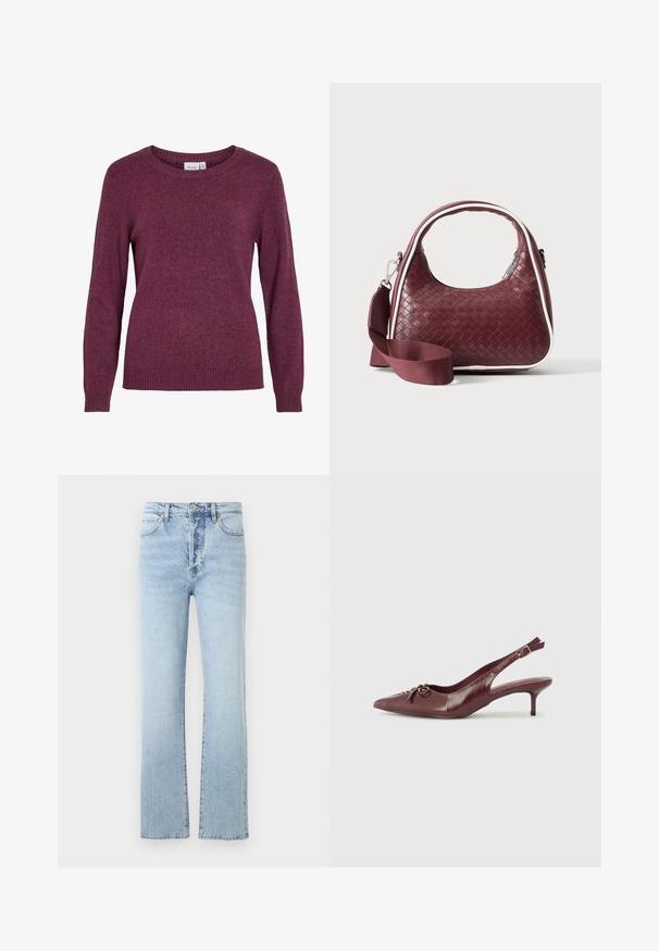 Bordeaux striktrøje med rund halsudskæring, lange ærmer, ribbestrikkede manchetter og nederste kant. Blødt tekstur med et understated, let meleret look.; Lys blå denim jeans med lige ben-design, featuring høj talje, klassisk fem-pockets stil, og subtil falmning.; Bordeaux læder slingback hæl med spidse tå, justerbar rem og dekorativ sløjfedetalje foran. 7,5 cm hælhøjde.; Mørkerød vævet lædertaske med buet hank, hvid kant, sølv lynlås og aftagelig bred stofskulderrem mod en ensfarvet baggrund.
