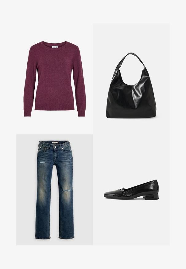 Burgundy neulepaita, jossa on pyöreä pääntie, pitkät hihat, ribatut hihansuut ja helma. Pehmeä rakenne, jossa on hillitty, hieman heather-tyylinen ilme.; Siniset farkut, joissa suora lahje, vaaleaa kulutusta, rispaantuneet polvet ja perinteinen viiden taskun malli. Klassinen muotoilu.; Musta patenttinahelska ballerinat, joissa on terävä kärki, matala neliön muotoinen korko ja pieni metallinen solki yksityiskohtana vyössä. Sujuva rakenne.; Mustalainen nahkatyylinen hobo-laukku, jossa on pehmeä, kiiltävä pinta ja pyöreä, avoin yläosa. Varustettu leveällä, kaarevalla hihnalla kantamista varten. Ei näkyvää metalliosaa.