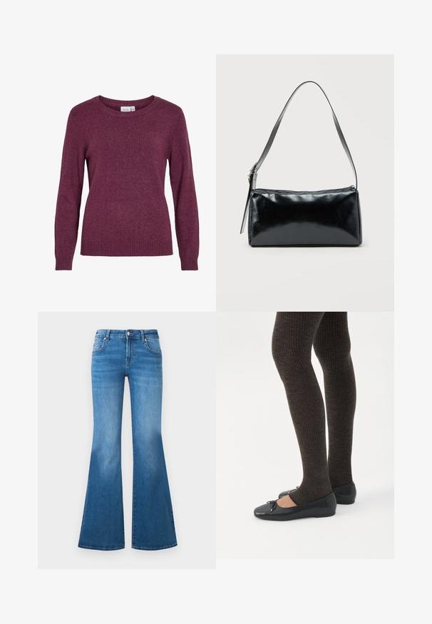 Bordeaux gebreide sweater met een ronde halslijn, lange mouwen, ribgebreide manchetten en zoom. Zachte textuur met een subtiele, licht gemêleerde uitstraling.; Flared blauwe denim jeans met een medium hoge taille, vijf zakken en vervaagde details op de dijen. Zilveren accenten op de knopen.; Benen met donkere geribbelde leggings gecombineerd met zwarte ballerina's met kleine strikdetails op een witte achtergrond.; Zwarte rechthoekige schoudertas met een enkele verstelbare band en een bovenste ritssluiting op een effen achtergrond.
