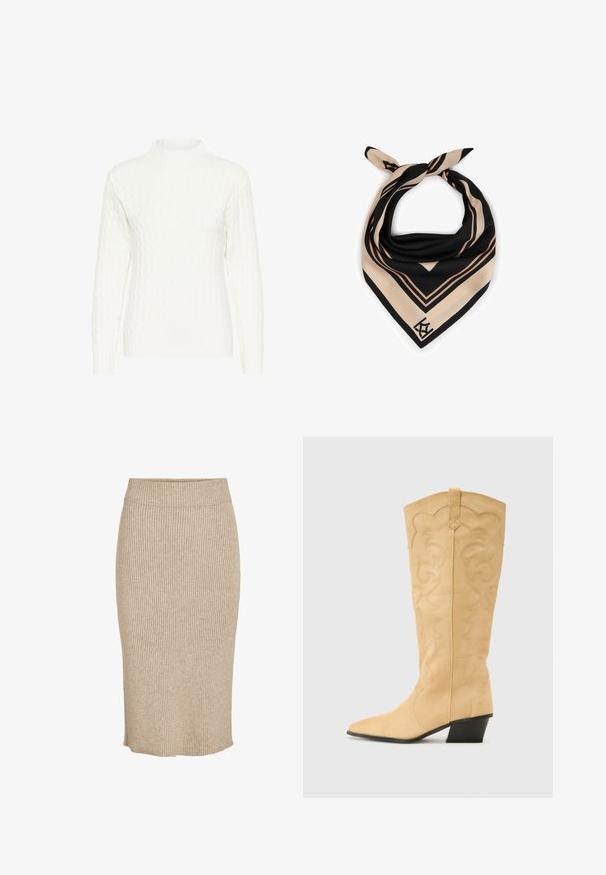 Hvid kabelstrikket sweater med høj hals, lange ærmer og struktureret mønster. Stoffet ser blødt og let strækbart ud.; Strik nederdel i en lys beige farve med lodret ribbestruktur, knælang med elastisk talje og lige skæring.; RAID VAANYA - Cowboy- / bikerstøvler - nude; Silk tørklæde med et sort og beige geometrisk mønster, der har diagonal striber og et mærke logo i hjørnet. Trekantet form med glat tekstur.