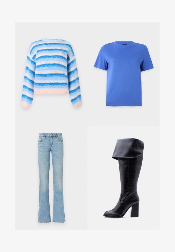 Pull rayé en tissu tricoté doux, avec des rayures horizontales bleues et roses, col rond et manches longues avec poignets et ourlet côtelés.; T-shirt bleu uni à manches courtes avec col rond présenté sur un fond gris clair uni.; Jean en denim bleu clair avec une taille haute et des jambes évasées, doté de poches avant, passants pour ceinture et fermeture par bouton.; Botte haute en cuir noir avec talon, bord plié et bout arrondi, debout sur un fond blanc.