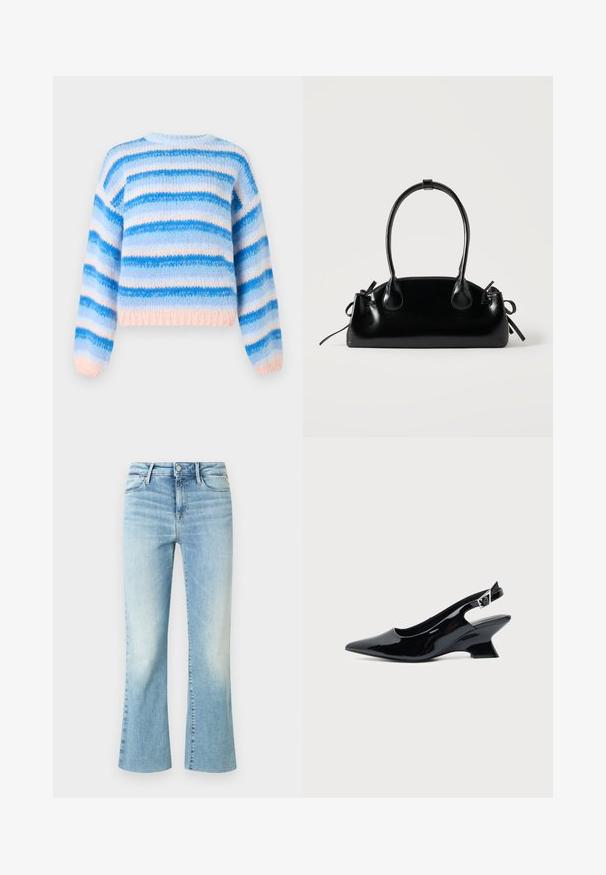 Pull rayé en tissu tricoté doux, avec des rayures horizontales bleues et roses, col rond et manches longues avec poignets et ourlet côtelés.; Jean en denim bleu clair avec un design à leg flare, présentant une finition délavée et des coutures visibles. Comprend une fermeture par bouton et tirette.; Chaussure slingback en cuir verni noir avec bout pointu et petit talon bloc incliné sur fond clair uni.; Petit sac à main noir brillant avec deux longues anses et des détails à cordon sur les côtés sur un fond clair uni.
