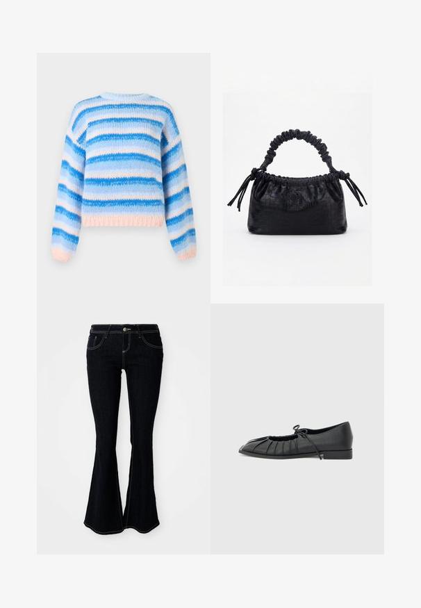 Pull rayé en tissu tricoté doux, avec des rayures horizontales bleues et roses, col rond et manches longues avec poignets et ourlet côtelés.; Jeans évasés en denim foncé avec une taille haute, des poches avant et arrière, et des coutures contrastantes jaunes.; Chaussure plate noire avec design plissé à l'avant et un nœud noué sur le dessus, petit talon, et texture lisse sur un fond gris clair.; Sac à main noir avec texture crocodile, bord supérieur froncé, poignée plissée et pompons à cordon de chaque côté sur fond blanc.