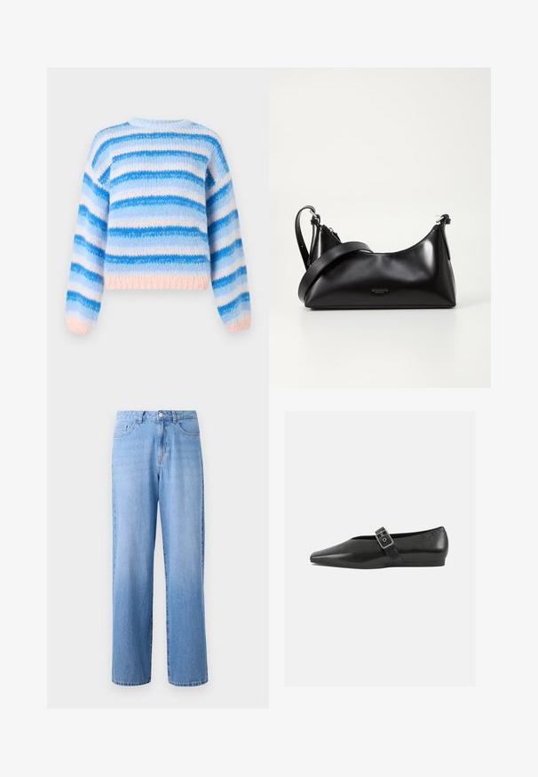 Pull rayé en tissu tricoté doux, avec des rayures horizontales bleues et roses, col rond et manches longues avec poignets et ourlet côtelés.; Jean en denim bleu clair à jambes larges avec une taille haute, cinq poches et une fermeture à bouton classique. Le tissu a une texture légèrement décolorée.; Chaussure plate en cuir noir avec un orteil pointu, présentant une sangle à boucle métallique sur le cou-de-pied et une semelle basse et flexible.; Sac à main en cuir noir avec une texture lisse. Dispose d'une bandoulière adjustable et d'un design élégant et minimaliste avec une fermeture éclair.