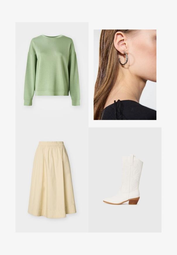 Lichtgroene sweater met ronde hals, verlaagde schouders, lange mouwen en een relaxed fit. Zachte textuur en ribgebreide boorden aan de onderkant.; Crèmekleurige midi-rok met elastische tailleband en uitlopende A-lijn silhouet, weergegeven op een effen achtergrond.; Witte westerse enkellaarsjes met een spitse neus, textuurstof, geborduurd ontwerp en een gestapelde houten hak.; Zilveren oorbel met een gepolijste afwerking, met kleine gouden accentdetails en een ronde vorm, gedragen op de oorlel.