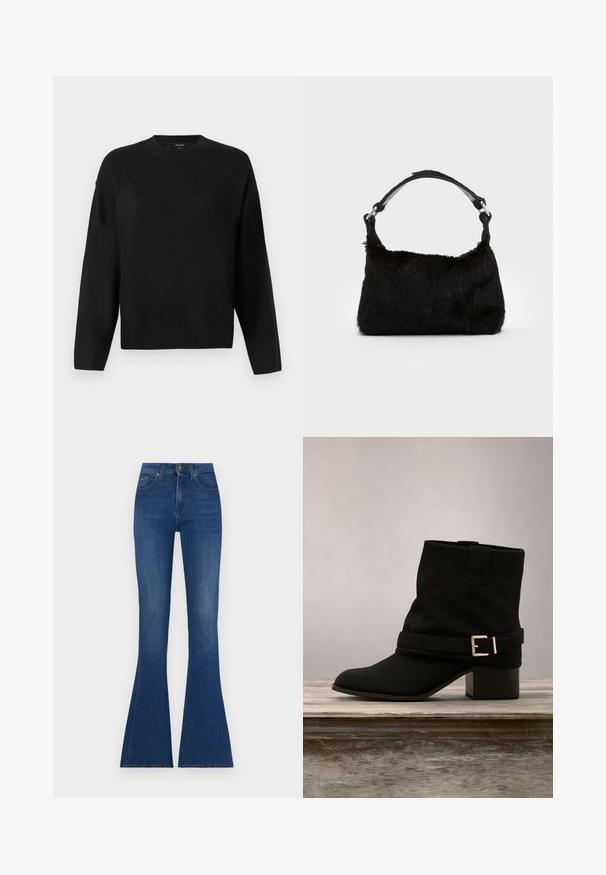 Sort striktrøje med rund halsudskæring, sænkede skuldre og ribbede manchetter. Glat tekstur og en afslappet, boxy pasform.; Flares jeans i mørkeblåt denim, høj talje med en tætsiddende top og brede flared bukseben, præget af diskret slidser og klassisk syning.; Sort ankelstøvle lavet af glat materiale med en foldet top, bred rem med en guldbeslået spænde og lav hæl.; Sort faux fur håndtaske med en blød tekstur, rund form og en robust skulderrem i sort læder. Synlige sølvhardware-detaljer.
