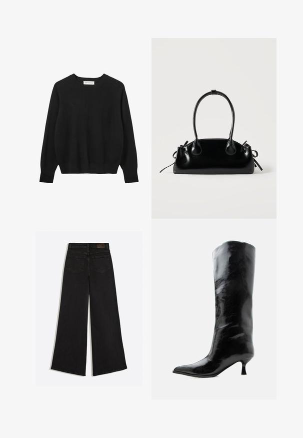 Un pull noir en tissu doux, avec un col rond, des manches longues et des poignets et un ourlet côtelés. Design simple sans motifs visibles.; Jean en denim noir à jambes larges vu de dos avec deux poches arrière et des passants de ceinture à la taille.; Botte en cuir noire brillante, haute jusqu'au genou, avec bout pointu et talon bas courbé sur un fond clair uni.; Petit sac à main noir brillant avec deux longues anses et des détails à cordon sur les côtés sur un fond clair uni.