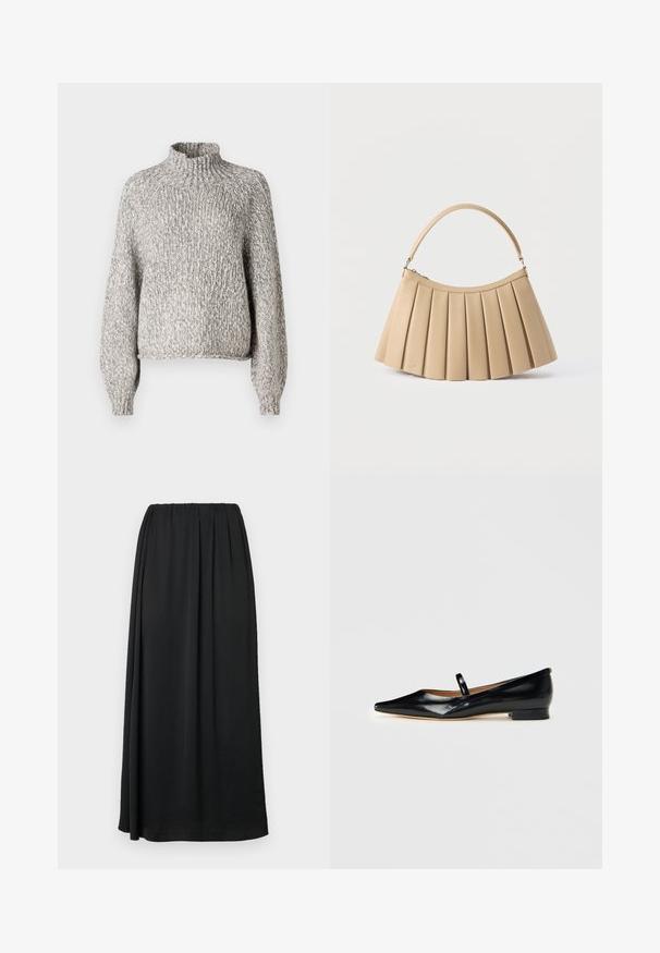 Lys grå strikket sweater med høj krave, oversized pasform og lange ærmer. Det teksturerede stof har et subtilt, varieret mønster.; Sort maxi-nederdel med elastisk talje, lavet af et glat, letvægtsstof. Har en flydende silhuet og ingen synlige mønstre.; Sorte patenterede læder Mary Jane flade sko med spids tå, én rem og lav hæl på ensfarvet baggrund.; Beige plisseret håndtaske med buet toplynlås og enkelt buet håndtag, vist på hvid baggrund.