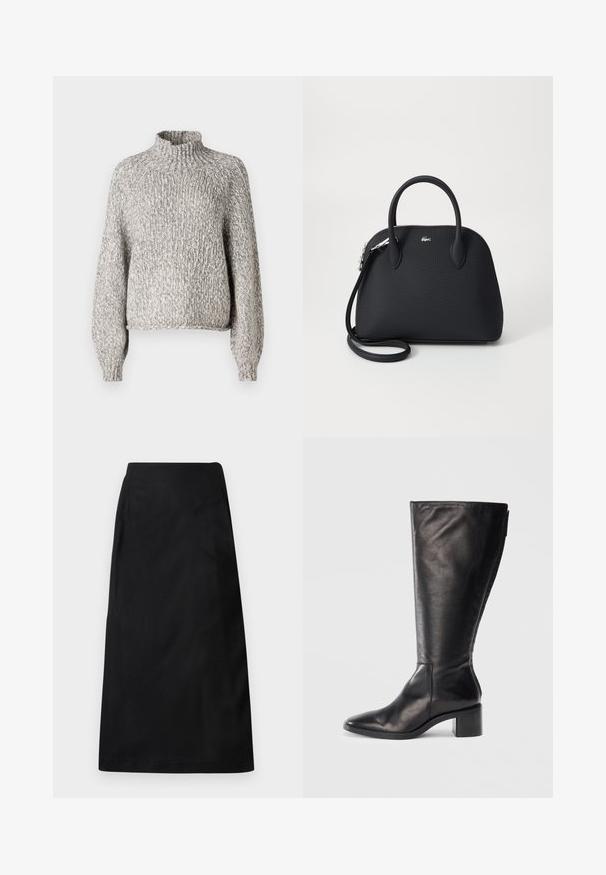 Suéter de punto gris claro con un cuello alto, corte oversized y mangas largas. La tela texturizada presenta un patrón sutil y variado.; DRYKORN AMBAR - Falda acampanada - black; Bota de cuero negra hasta la rodilla con punta cuadrada, tacón cuadrado y diseño elegante. Textura suave con cremallera lateral para facilitar su uso.; Bolso de mano negro hecho de un material texturizado, con dos asas superiores y una correa de hombro desmontable, con un acento de logo plateado.