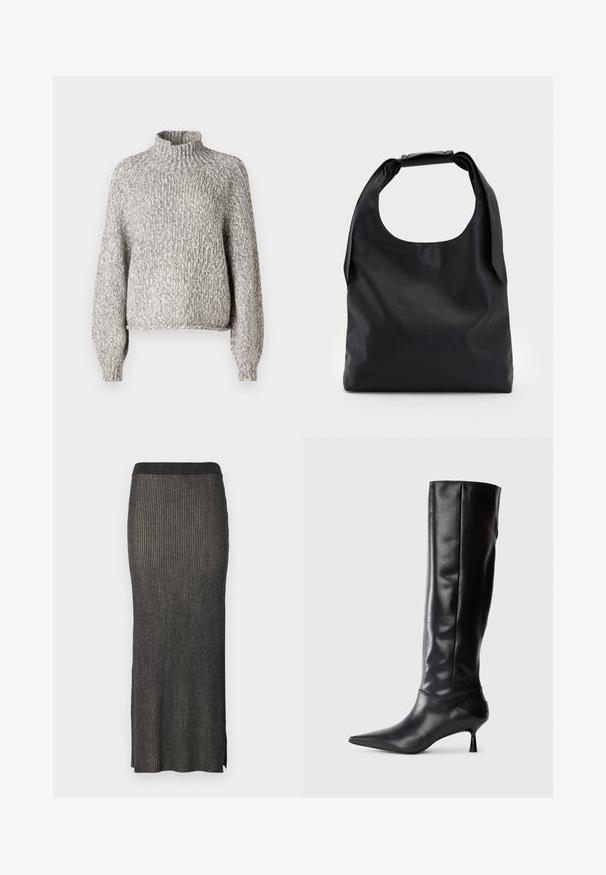 Pull en tricot gris clair avec un col montant, coupe oversize et manches longues. Le tissu texturé présente un motif subtil et varié.; Jupe midi en tricot gris foncé avec des côtes verticales, une silhouette ajustée et des fentes à l'ourlet pour plus de liberté de mouvement. Tissu doux et texturé.; Botte en cuir noir hautes jusqu'au genou avec un bout pointu et un talon fin et courbé. Texture lisse, design ajusté, sans matériel ni motifs visibles.; Sac à main en cuir noir avec une grande ouverture sur le dessus et une seule bandoulière. Texture douce, design minimaliste, avec des accents métalliques discrets.