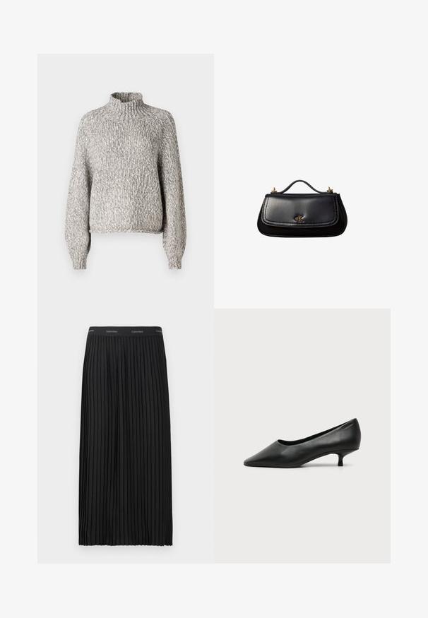 Suéter de punto gris claro con un cuello alto, corte oversized y mangas largas. La tela texturizada presenta un patrón sutil y variado.; Falda midi negra plisada con cinturilla elástica, con el logotipo de Calvin Klein en blanco repetido.; Zapato de mujer negro de cuero con tacón bajo, puntera puntiaguda y pequeño tacón kitten sobre fondo claro liso.; Bolso de mano negro de piel con un asa pequeña, logo "cK" en tono dorado en la solapa frontal y detalles de herrajes dorados.