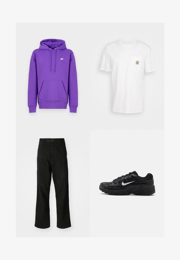 Lilla Nike hoodie med en forlommes, snoretræk i huen og hvidt logo på brystet. Lavet af blødt sweatshirtmateriale.; Hvid bomulds T-shirt med korte ærmer, en brystlomme, og et lille firkantet logo patch i orange og hvid på lommen.; Sort lige ben jeans med knaplukning, bæltestropper og forlommer på en ensfarvet hvid baggrund.; Sorte atletiske sko med en tekstureret mesh-overdel og gummisål. Ikonisk hvid swoosh-logo på siden, med snørebåndsdesign.
