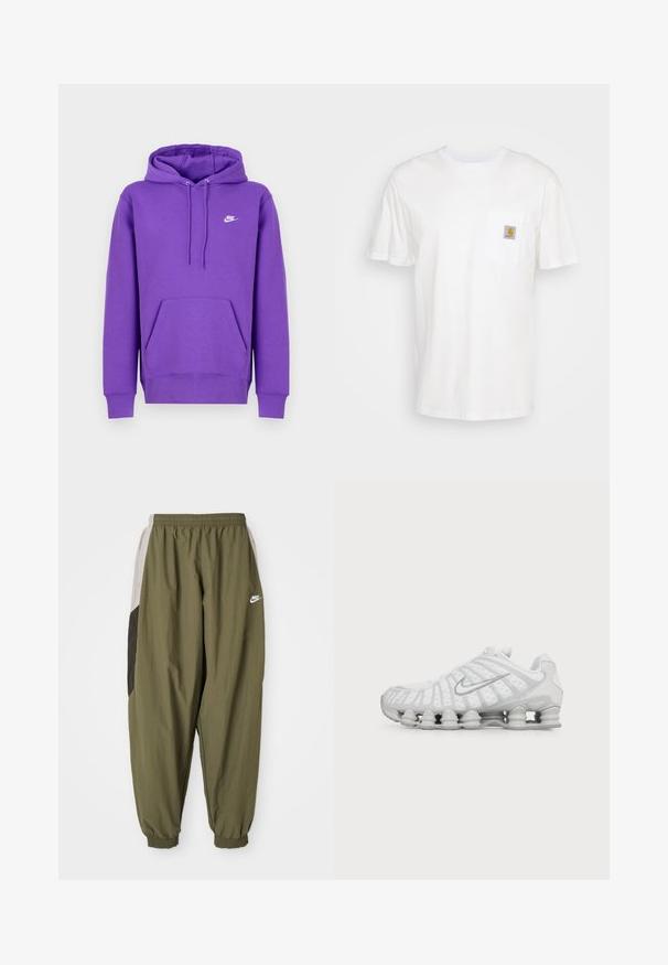 Μωβ φούτερ Nike με μπροστινή τσέπη, κουκούλα με κορδόνι και λευκό λογότυπο στο στήθος. Φτιαγμένο από μαλακό υλικό φούτερ.; Λευκό βαμβακερό T-shirt με κοντά μανίκια, τσέπη στο στήθος και ένα μικρό τετράγωνο λογότυπο σε πορτοκαλί και λευκό στην τσέπη.; Ελαιόχρωμο αθλητικό παντελόνι Nike με ελαστική μέση και μανσέτες. Διαθέτει πλάγιες πάνελ σε ανοιχτό γκρι και σκούρο γκρι με λεπτομέρεια λογότυπου.; Λευκό αθλητικό παπούτσι Nike με ορατή αεριζόμενη σόλα και ασημένιο λογότυπο Swoosh στο πλάι, απεικονιζόμενο από την εξωτερική πλευρά.