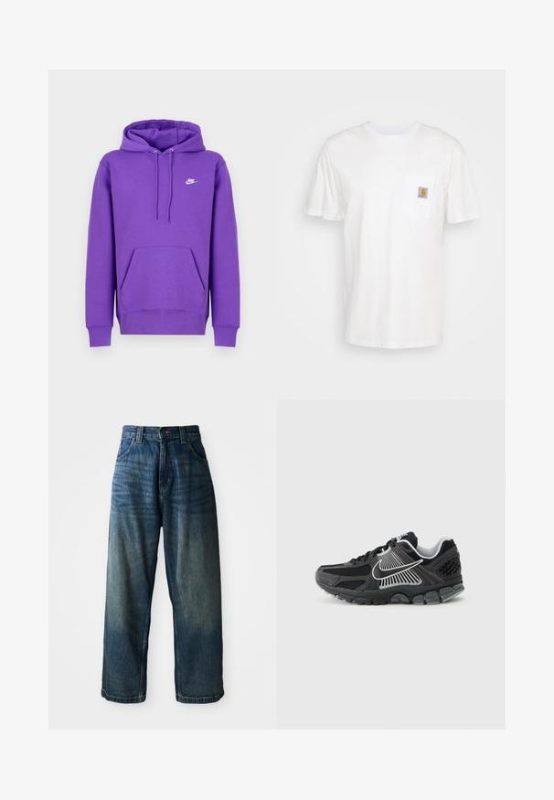 Fialová mikina Nike s predným vreckom, kapucňou na šnúrku a bielym logom na hrudi. Vyrobená z mäkkého materiálu na mikiny.; Biele bavlnené tričko s krátkymi rukávmi, vreckom na hrudi a malou štvorcovou nášivkou v oranžovej a bielej farbe na vrecku.; Džínsové nohavice s širokými nohavicami v modrej farbe so zosvetleným povrchom. Obsahujú päť vreciek, zapínanie na gombík a kontrastné prešívanie. Tkanina je ťažká.; Čierna športová obuv s panelmi z sieťoviny a syntetickými detailmi. Má zaoblenú špičku, hrubú odpruženú podrážku a kontrastné biele logo.