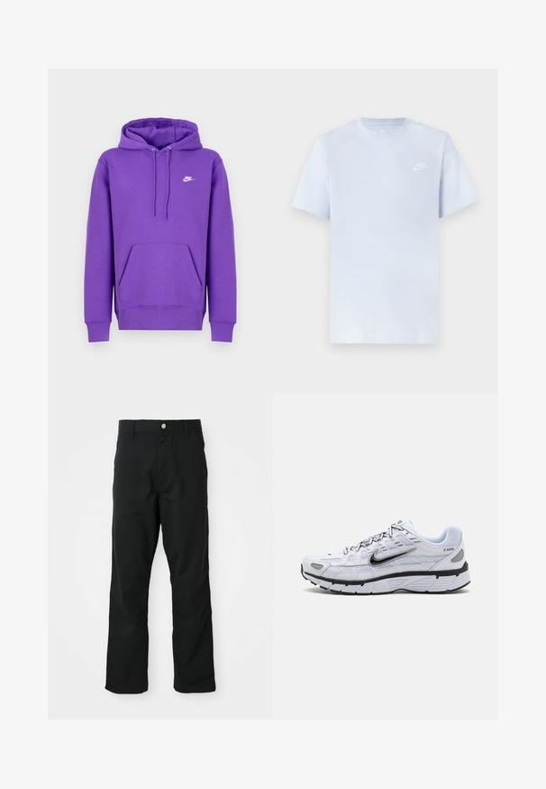 Fialová mikina Nike s predným vreckom, kapucňou na šnúrku a bielym logom na hrudi. Vyrobená z mäkkého materiálu na mikiny.; Svetlomodré bavlnené tričko s krátkymi rukávmi, okrúhlym výstrihom a bielym logom Nike potlačeným na ľavej hrudi. Hladká textúra, jednoduchý dizajn.; Čierne nohavice rovného strihu so zapínaním na gombík a zips, pútka na opasok a bočné vrecká, vystavené na bielom pozadí.; Biele bežecké topánky s textilným zvrškom, zaoblenou špičkou, čiernymi akcentmi a vzorovanou podrážkou. Obsahujú šnurovanie a značku na boku.