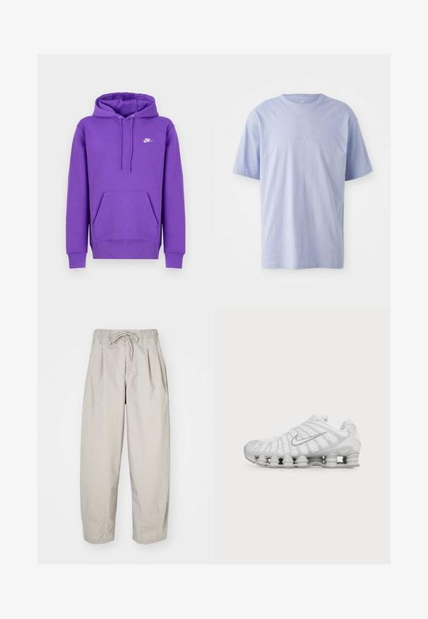 Fialová mikina Nike s predným vreckom, kapucňou na šnúrku a bielym logom na hrudi. Vyrobená z mäkkého materiálu na mikiny.; Svetlomodré bavlnené tričko s okrúhlym výstrihom a krátkymi rukávmi. Má vystúpené logo "nike" v strede prednej časti. Mäkkučký materiál.; Béžové, ľahké nohavice s elastickým pásom a šnúrkou na stiahnutie. Obsahujú plisovanie a voľný strih, vyrobené z mäkkej, hladkej tkaniny.; Biela bežecká obuv Nike s viditeľnou vzduchom odpruženou podrážkou a strieborným logom Swoosh na boku, zobrazená z vonkajšej strany.