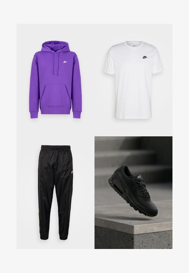 Lilla Nike hoodie med en forlommes, snoretræk i huen og hvidt logo på brystet. Lavet af blødt sweatshirtmateriale.; Hvid bomulds T-shirt med rund hals, korte ærmer og et sort Nike-logo på venstre bryst. Enkel, ensfarvet design.; Sorte træningsbukser lavet af let, skinnende materiale med elastisk talje, tætsiddende pasform og med lynlåslommer. Har et logo som accent.; Sort Nike Air Max 90 sneaker har et kombineret materiale af læder og mesh, runde snørebånd og en synlig air-enhed i sålen.
