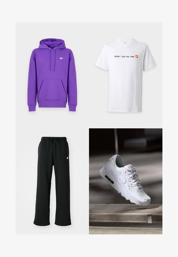 Μωβ φούτερ Nike με μπροστινή τσέπη, κουκούλα με κορδόνι και λευκό λογότυπο στο στήθος. Φτιαγμένο από μαλακό υλικό φούτερ.; Λευκό κοντομάνικο μπλουζάκι με το κείμενο "Nike Sportswear" σε γκρίζο και ναυτικό μπλε και πορτοκαλί λογότυπο Nike στο στήθος.; Μαύρες φόρμες από μαλακό ύφασμα, με ελαστική μέση και ρυθμιζόμενο κορδόνι και μια μικρή λογότυπο λεπτομέρεια στο πλάι.; Λευκό αθλητικό παπούτσι Nike Air Max 90 με άνω μέρος από διχτυωτό και δερμάτινο υλικό, τρυπητό μπροστινό μέρος και ορατή μονάδα αέρα στη φτέρνα.