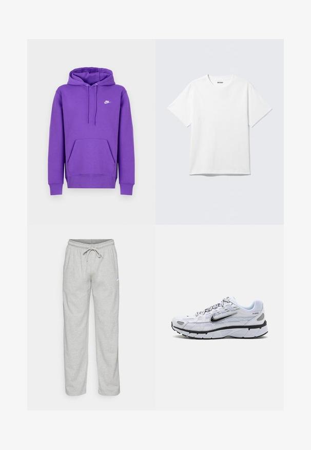 Μωβ φούτερ Nike με μπροστινή τσέπη, κουκούλα με κορδόνι και λευκό λογότυπο στο στήθος. Φτιαγμένο από μαλακό υλικό φούτερ.; Λευκό κοντομάνικο T-shirt με στρογγυλή λαιμόκοψη, απλή σχεδίαση, τοποθετημένο οριζόντια, με ετικέτα «WEEKDAY» μέσα στο γιακά σε ανοιχτό φόντο.; Ανοιχτό γκρι φόρμες από απαλό ύφασμα. Διαθέτουν ελαστική ζώνη με κορδόνι και λογότυπο Nike σε μαύρο χρώμα στο αριστερό μηρό.; Λευκά αθλητικά παπούτσια με επάνω μέρος από διχτυωτό υλικό, στρογγυλή μύτη, μαύρες λεπτομέρειες και μοτίβο στη σόλα. Διαθέτει κορδόνια και σήμα στο πλάι.