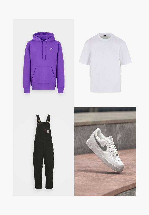 Fialová mikina Nike s predným vreckom, kapucňou na šnúrku a bielym logom na hrudi. Vyrobená z mäkkého materiálu na mikiny.; Biela polokošeľa s krátkym rukávom vyrobená z bavlny. Má okrúhly výstrih a voľný strih. Hladká textúra, minimalistický dizajn, bez vzorov alebo akcentov.; Čierne bavlnené kombinézy s nastaviteľnými popruhmi, prednou kapsou s logom a dvoma bočnými vreckami s voľným strihom.; Biela teniska Nike Air Force 1 so sivým logom swoosh, ktorá visí nad kamenným povrchom a sivou kamennou stenou v pozadí.