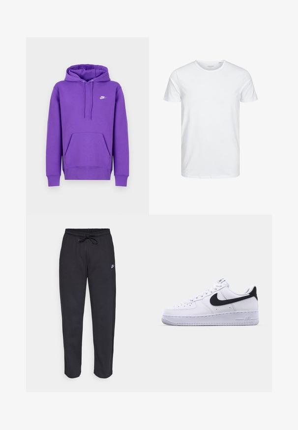 Μωβ φούτερ Nike με μπροστινή τσέπη, κουκούλα με κορδόνι και λευκό λογότυπο στο στήθος. Φτιαγμένο από μαλακό υλικό φούτερ.; Μπλούζα κοντομάνικη με στρογγυλή λαιμόκοψη σε λευκό χρώμα, φτιαγμένη από απαλό βαμβάκι, διαθέτει απλό σχέδιο χωρίς ορατά μοτίβα ή διακοσμητικά.; Μαύρες φόρμες από μαλακό ύφασμα με ελαστική μέση, κορδόνι και μικρό λογότυπο Nike στο αριστερό μηρό.; Λευκό δερμάτινο αθλητικό παπούτσι με υφή μαύρου Swoosh, επίπεδα κορδόνια και καουτσούκ σόλα με ραβδωτό σχέδιο. Η λέξη "AIR" είναι ανάγλυφη στην φτέρνα.